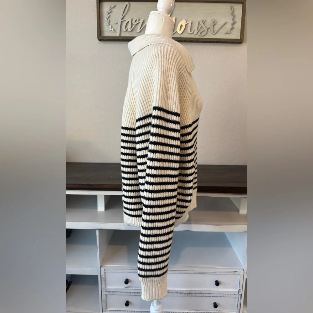 Tory Burch Striped 100% Wool‎ Open Collar Sweater Collared Women's Size L